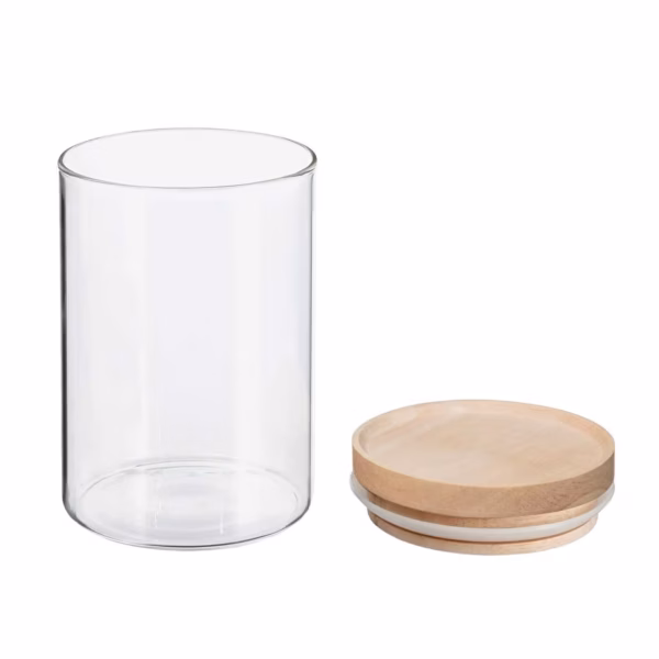 Borcan etans 5Five din sticla borosilicata cu capac lemn natural, 0.6 l, transparent - imagine 3