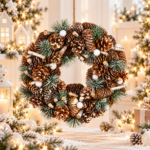 Coronita decorativa cu conuri si ramuri cu sclipici, diametru 34 cm, bej