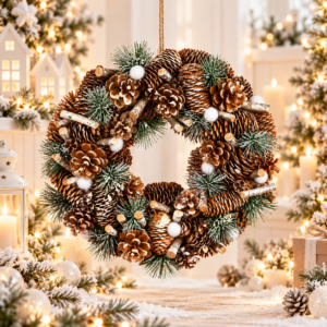 Coronita decorativa cu conuri si ramuri cu sclipici, diametru 34 cm, bej