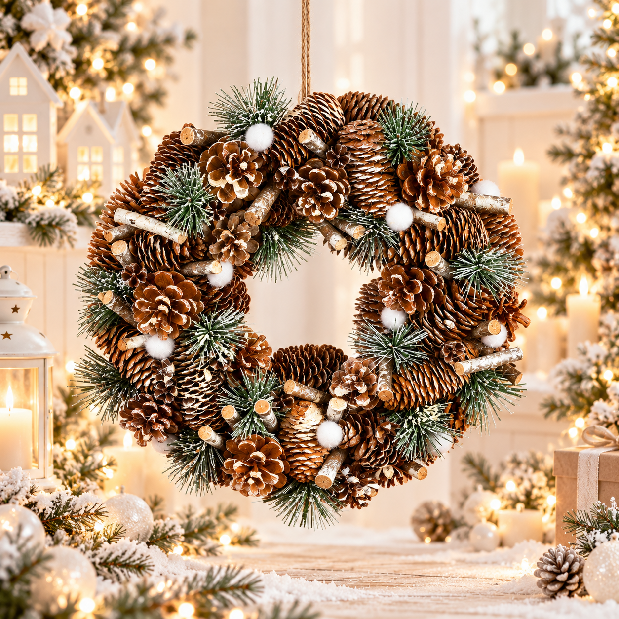 Coronita decorativa cu conuri si ramuri cu sclipici, diametru 34 cm, bej