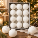 Set 12 globuri Craciun cu sclipici, 3 modele diferite, polistiren, diametru 8 cm, alb