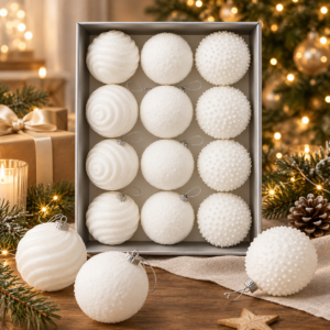 Set 12 globuri Craciun cu sclipici, 3 modele diferite, polistiren, diametru 8 cm, alb