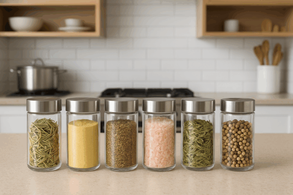 Set 6 borcane condimente 5Five din sticla, 80 ml, capac inox, transparent - imagine 3