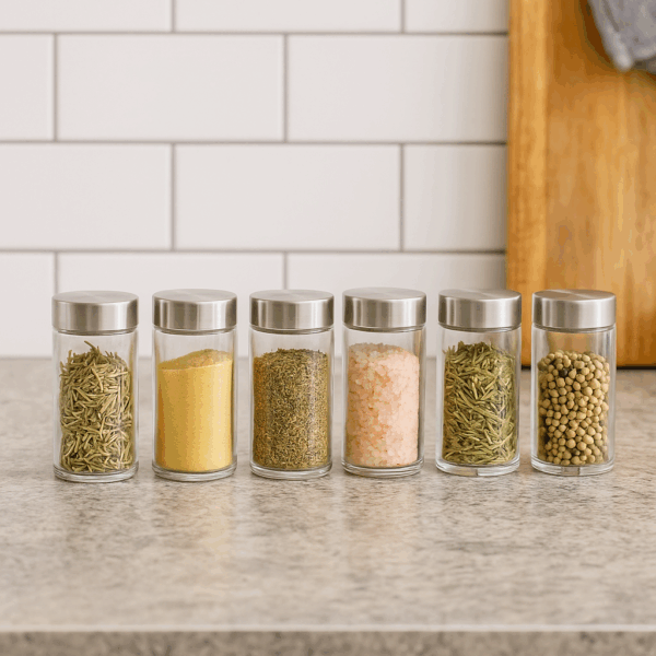 Set 6 borcane condimente 5Five din sticla, 80 ml, capac inox, transparent - imagine 5
