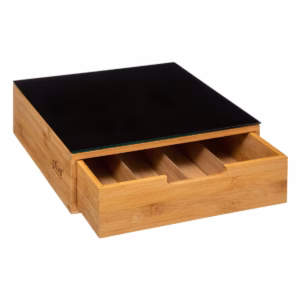 Suport capsule cafea 5Five Blackbamboo, cu sertar, bambus si sticla, 30x30x10 cm, natur si negru