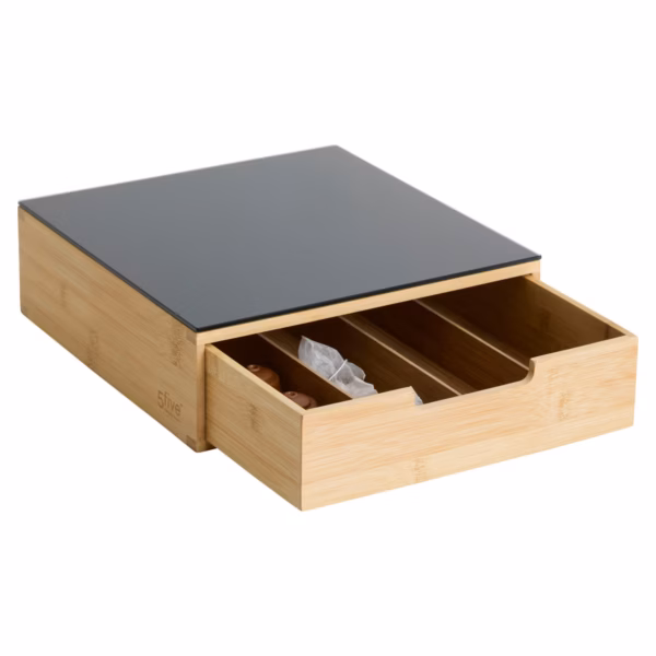 Suport capsule cafea 5Five Blackbamboo, cu sertar, bambus si sticla, 30x30x10 cm, natur si negru - imagine 3