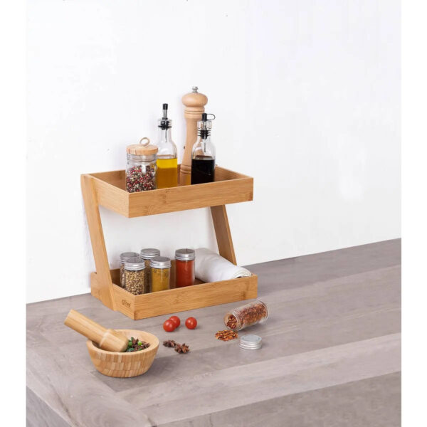 Etajera colt 5Five pentru bucatarie, 2 niveluri, bambus, 26x22x31cm, maro natural - imagine 3