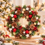 Coronita decorativa cu frunze si conuri, diametru 35 cm, multicolora
