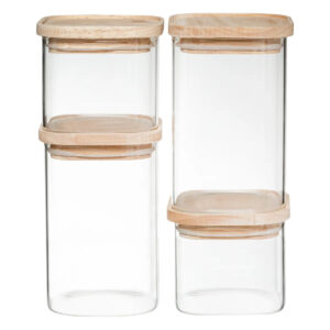 Set 4 borcane depozitare ermetice 5Five, sticla borosilicata si capac lemn, transparent