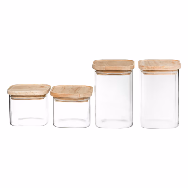 Set 4 borcane depozitare ermetice 5Five, sticla borosilicata si capac lemn, transparent - imagine 3