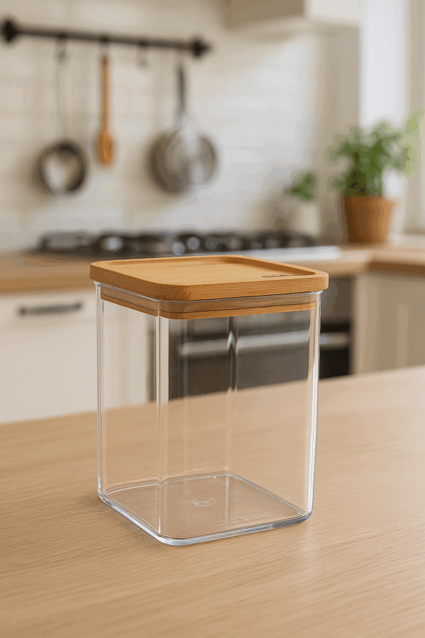 Cutie depozitare 5Five Eske patrata 1L, capac bambus, PS transparent - imagine 2