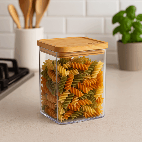 Cutie depozitare 5Five Eske patrata 1L, capac bambus, PS transparent - imagine 3