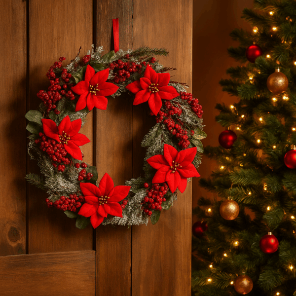 Coronita decorativa pentru Craciun, cu flori Poinsettia, diametru 50 cm, verde si rosu - imagine 2