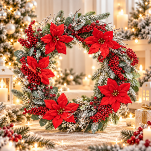 Coronita decorativa pentru Craciun, cu flori Poinsettia, diametru 50 cm, verde si rosu