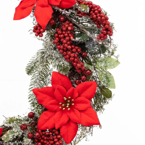 Coronita decorativa pentru Craciun, cu flori Poinsettia, diametru 50 cm, verde si rosu - imagine 3