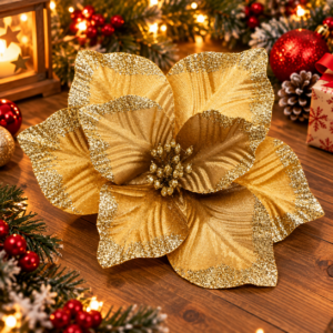 Floare decorativa Craciun poinsettia, cu clip fixare, 24x11 cm, auriu