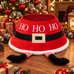 Husa decorativa tip fusta pentru bradul de Craciun, cu picioare spiridus, diametru 56 cm, rosu
