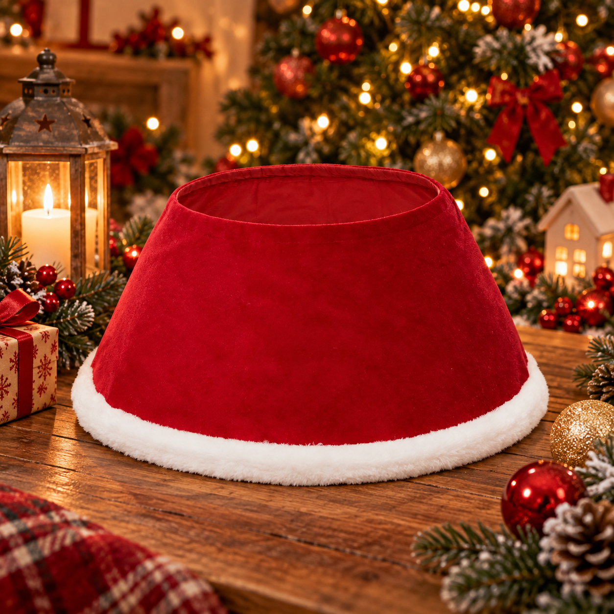 Husa decorativa tip fusta pentru bradul de Craciun, pufoasa, diametru 56 cm, rosu