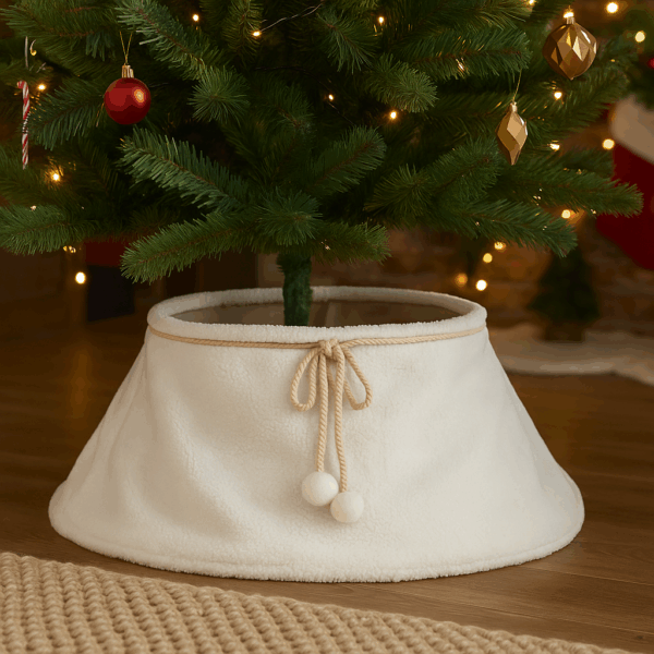 Husa decorativa tip fusta pentru bradul de Craciun, pufoasa, diametru 56 cm, alb - imagine 2