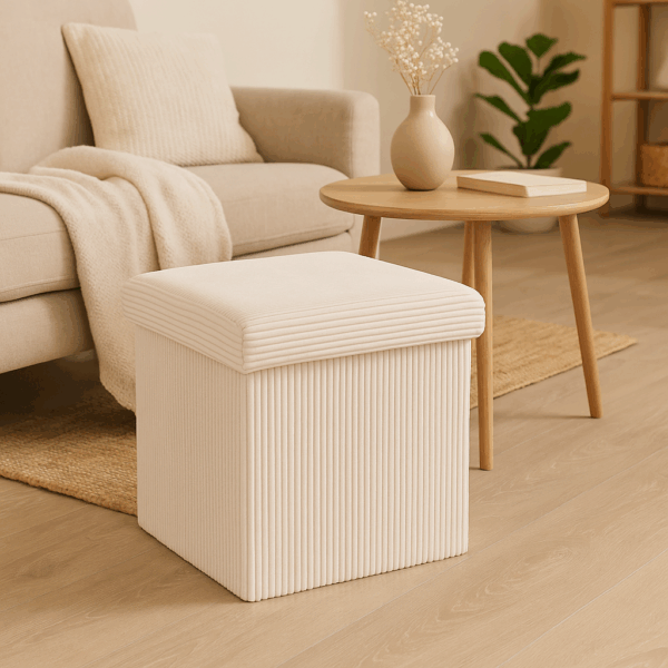Taburet pliabil Atmosphera Arum din material tip catifea raiat, 38x38x38 cm, ivoire - imagine 3
