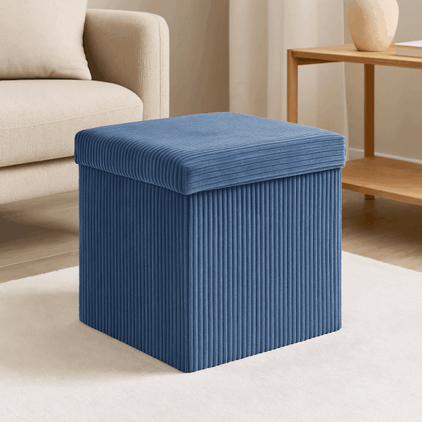 Taburet pliabil Atmosphera Arum din material tip catifea raiat, 38x38x38 cm, albastru inchis - imagine 3