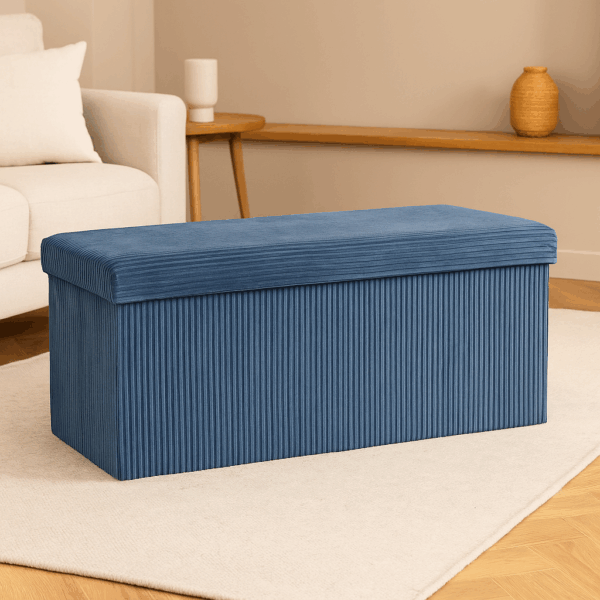 Taburet dublu pliabil Atmosphera Arum din material tip catifea raiat, 76x38x38 cm, albastru inchis - imagine 3