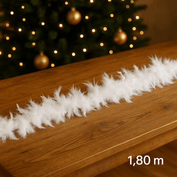Ghirlanda pentru decor sau bradul de Craciun, model puf si pene, 180cm, alb - imagine 2