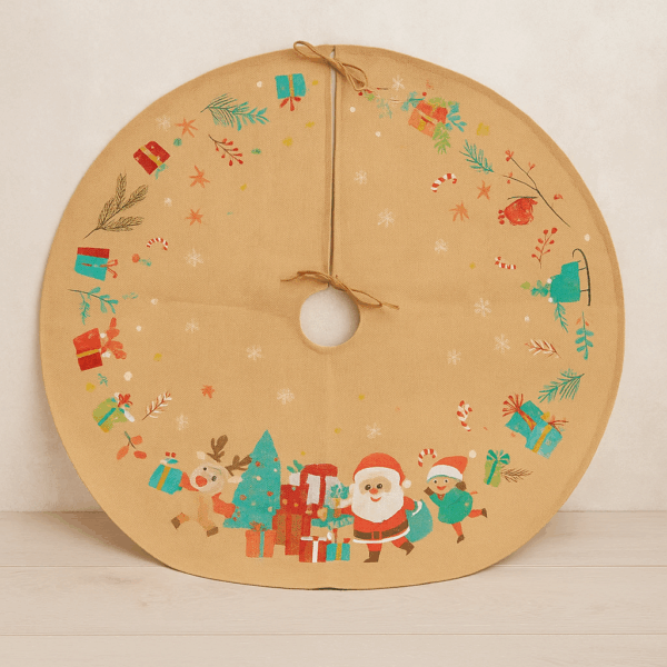 Covoras de pus sub bradul de Craciun, diametru 90 cm, model Mos Craciun, iuta, bej - imagine 3