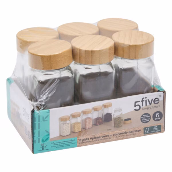 Set 6 borcane condimente 5Five, din sticla cu capac bambus, 120 ml fiecare - imagine 6