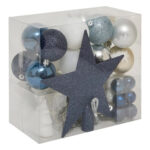 Set decoratiuni Craciun, 44 piese, cu globuri, ghirlanda si varf de brad, albastru si alb