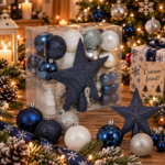 Set decoratiuni Craciun, 44 piese, cu globuri, ghirlanda si varf de brad, albastru si alb
