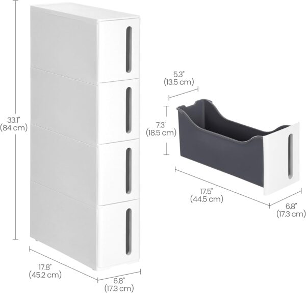 SONGMICS Etajera ingusta cu roti, pentru baie sau bucatarie, cu 4 sertare, 45x17x84 cm, alb - imagine 12