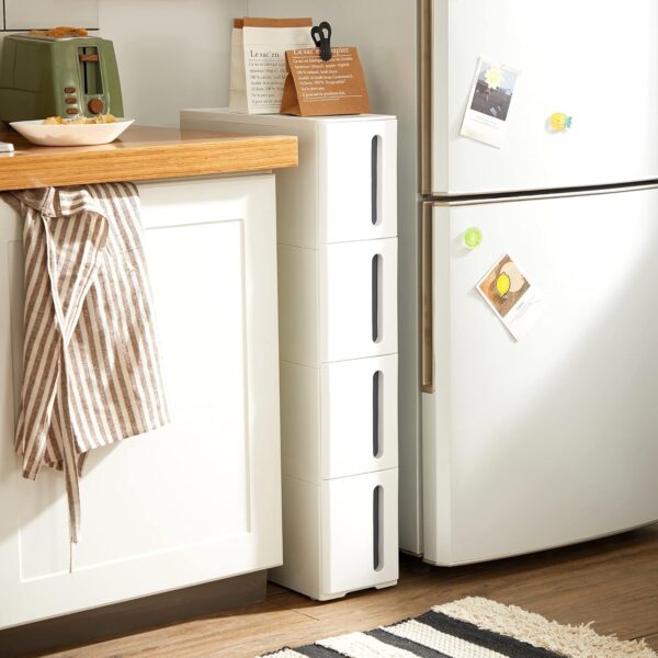 SONGMICS Etajera ingusta cu roti, pentru baie sau bucatarie, cu 4 sertare, 45x17x84 cm, alb - imagine 7