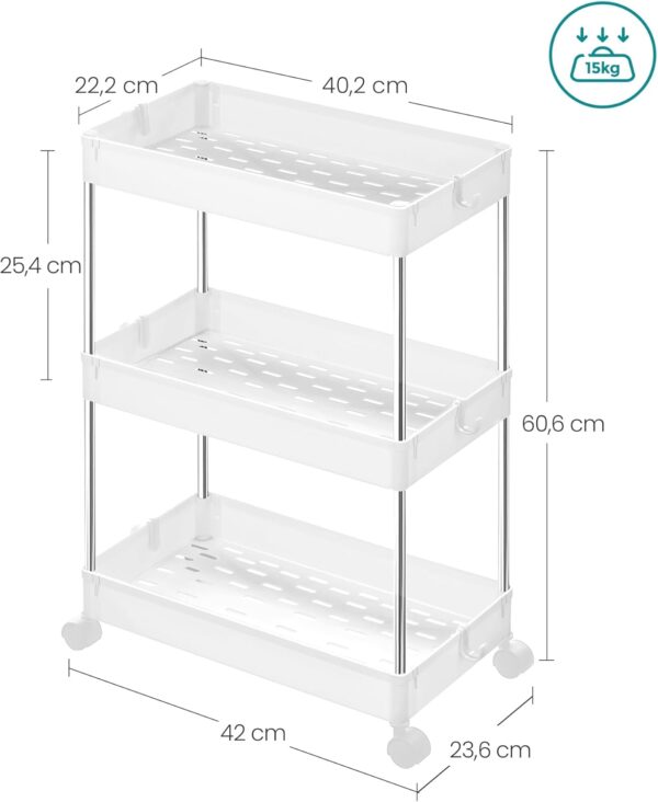 SONGMICS Carucior cu 3 niveluri, rafturi etajate detasabile, roti pivotante 360°, cadru metalic, 42x24x61 cm, alb - imagine 2
