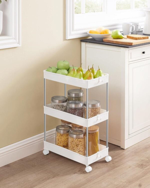 SONGMICS Carucior cu 3 niveluri, rafturi etajate detasabile, roti pivotante 360°, cadru metalic, 42x24x61 cm, alb - imagine 6