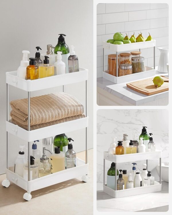 SONGMICS Carucior cu 3 niveluri, rafturi etajate detasabile, roti pivotante 360°, cadru metalic, 42x24x61 cm, alb - imagine 8