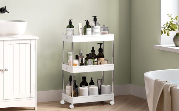 SONGMICS Carucior cu 3 niveluri, rafturi etajate detasabile, roti pivotante 360°, cadru metalic, 42x24x61 cm, alb - imagine 9