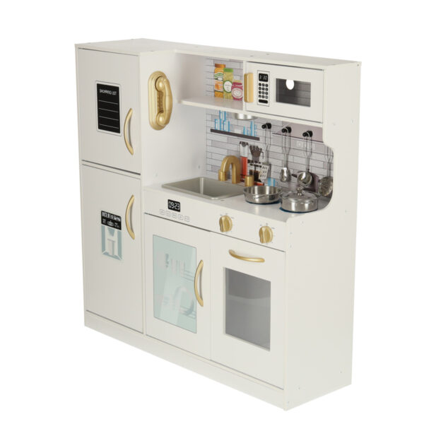 Bucatarie copii din lemn cu frigider, accesorii si electrocasnice grafice, 80x24x80 cm, alb - imagine 3