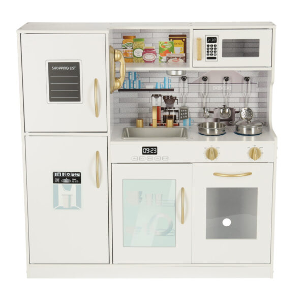 Bucatarie copii din lemn cu frigider, accesorii si electrocasnice grafice, 80x24x80 cm, alb - imagine 4