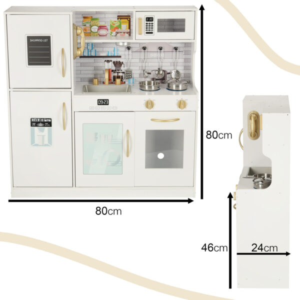 Bucatarie copii din lemn cu frigider, accesorii si electrocasnice grafice, 80x24x80 cm, alb - imagine 6