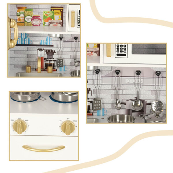Bucatarie copii din lemn cu frigider, accesorii si electrocasnice grafice, 80x24x80 cm, alb - imagine 7