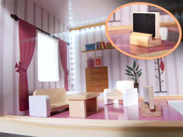 Casa de papusi mare din lemn cu 3 etaje, 4 camere, terasa, mobilier si iluminare LED, 62x27x78 cm, alb - imagine 11