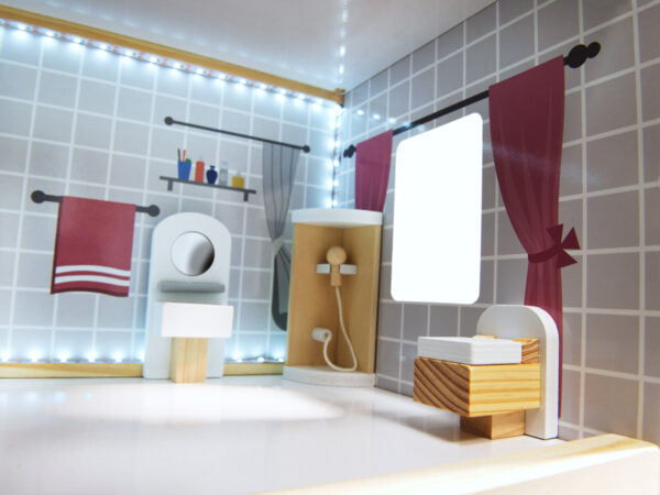 Casa de papusi mare din lemn cu 3 etaje, 4 camere, terasa, mobilier si iluminare LED, 62x27x78 cm, alb - imagine 3