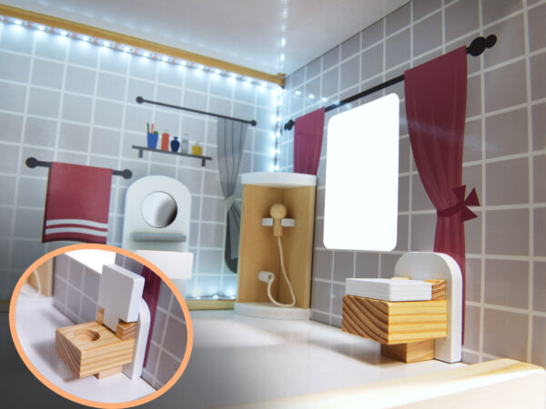 Casa de papusi mare din lemn cu 3 etaje, 4 camere, terasa, mobilier si iluminare LED, 62x27x78 cm, alb - imagine 6