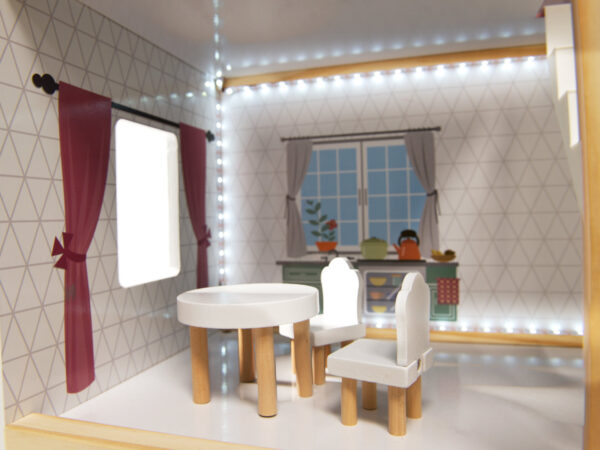 Casa de papusi mare din lemn cu 3 etaje, 4 camere, terasa, mobilier si iluminare LED, 62x27x78 cm, alb - imagine 7