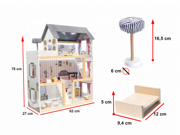 Casa de papusi mare din lemn cu 3 etaje, 4 camere, terasa, mobilier si iluminare LED, 62x27x78 cm, alb - imagine 15