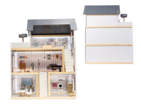Casa de papusi mare din lemn cu 3 etaje, 4 camere, terasa, mobilier si iluminare LED, 62x27x78 cm, alb - imagine 21