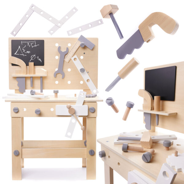 Banc de lucru copii din lemn cu unelte incluse, masa 45x26x67 cm, set DIY pentru micul mester - imagine 2