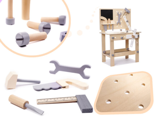 Banc de lucru copii din lemn cu unelte incluse, masa 45x26x67 cm, set DIY pentru micul mester - imagine 3