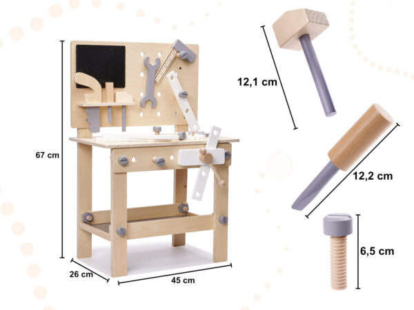 Banc de lucru copii din lemn cu unelte incluse, masa 45x26x67 cm, set DIY pentru micul mester - imagine 4